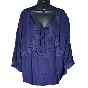 Solitaire Blouse Blue Rayon Crochet Lace Trim Boho Peasant‎ Top Plus Size 1X